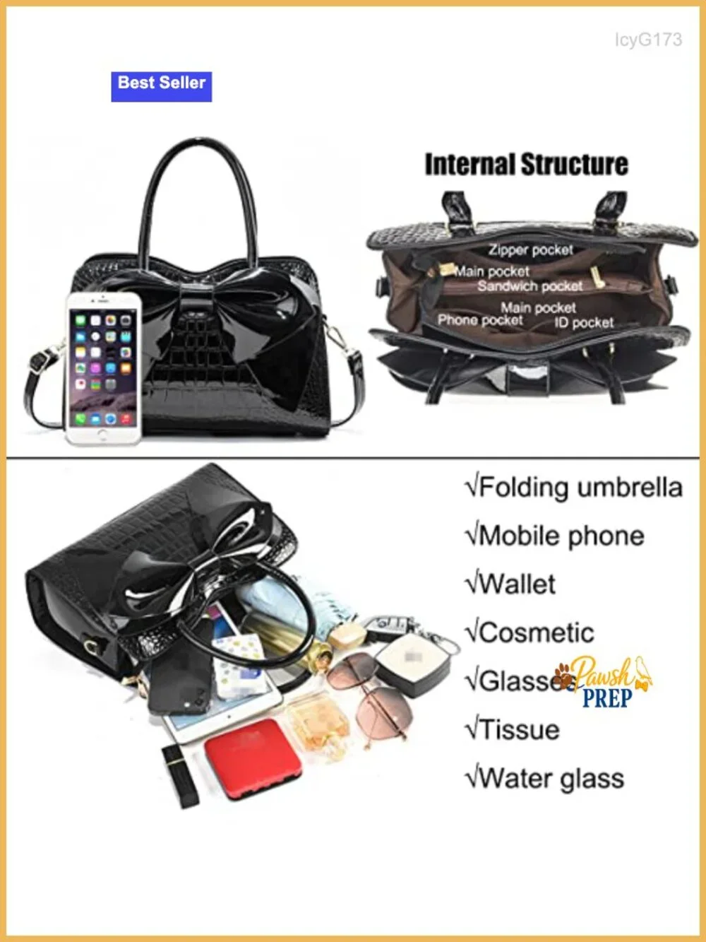 Shiny Patent Leather Bowknot Satchel Handbag Top-Handle Tote